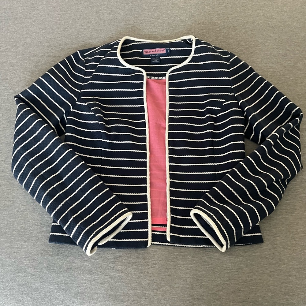 Vineyard Vines Navy & White Striped Ponte Blazer with Pink Lining